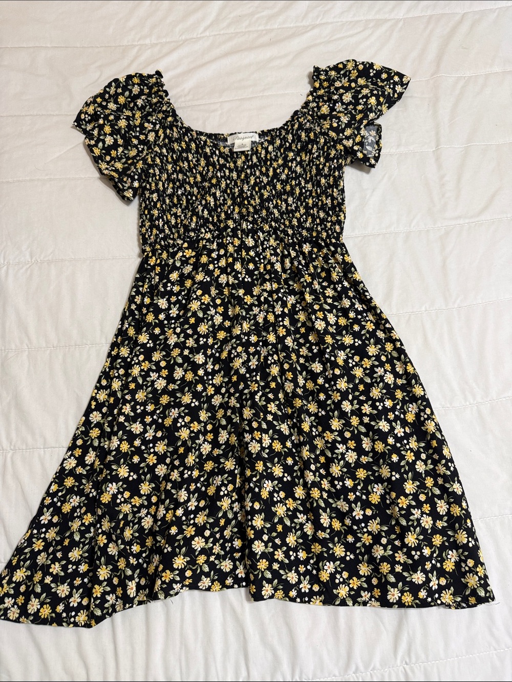 Passport Black Floral Smocked Dress with Yellow & White Daisies
